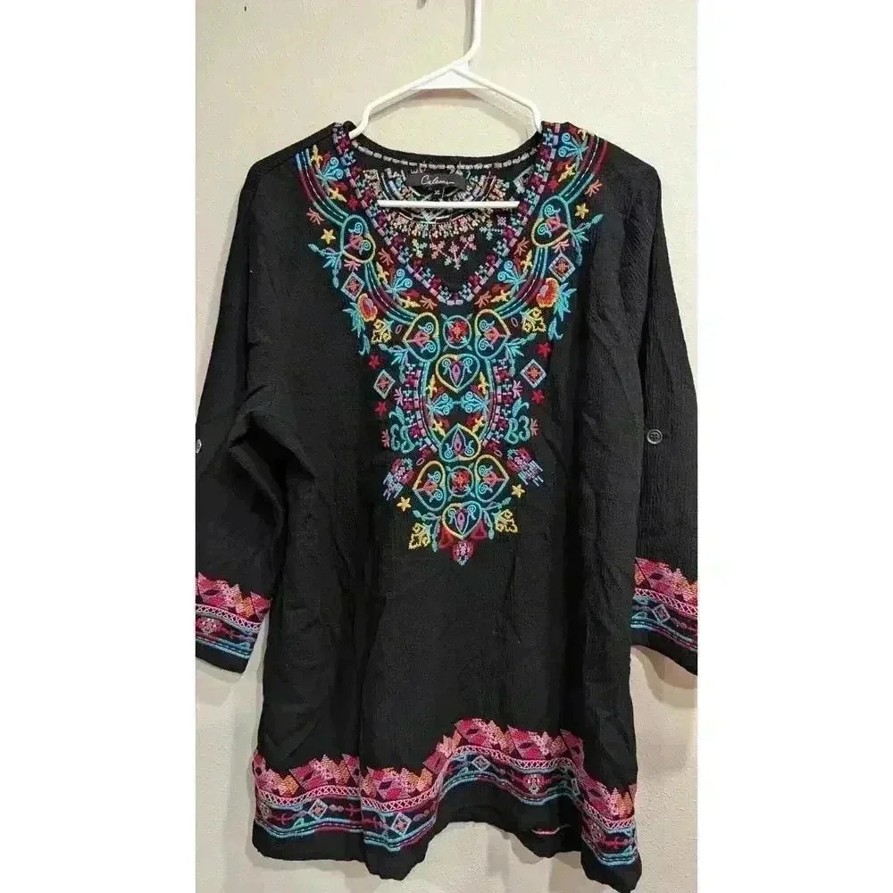 Women's embroidered 
black blouse by Caleaas in size XL